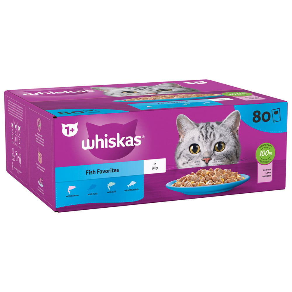 Whiskas 1+ Fish Favourites in Jelly Adult Wet Cat Food Pouches 80x85g