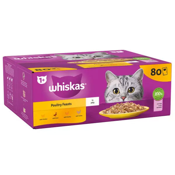 Whiskas 1+ Poultry Feast In Jelly Adult Wet Cat Food Pouches 80x85g
