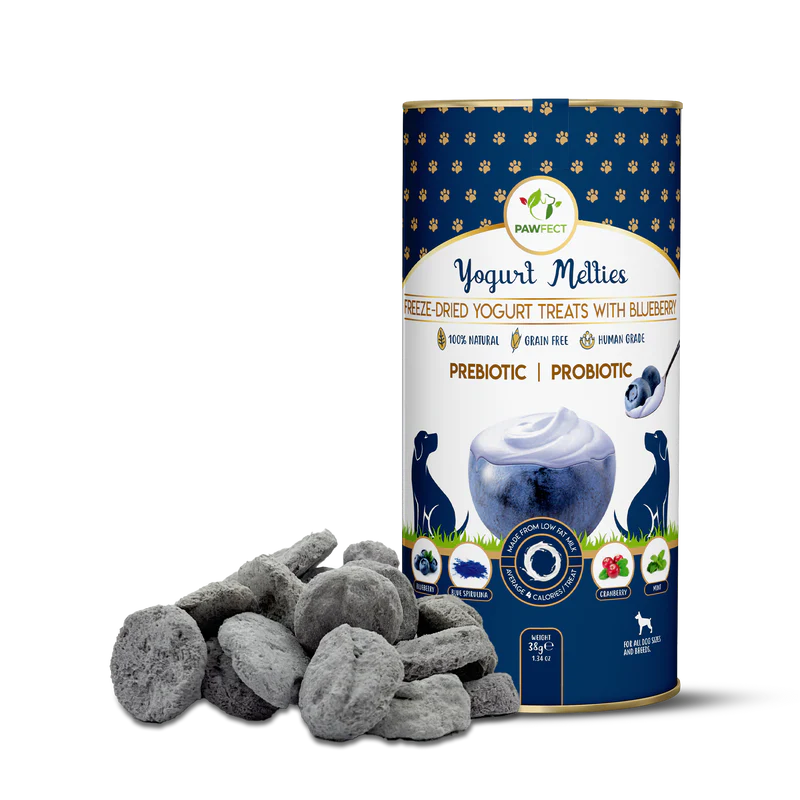 Pawfect Yogurt Melties Pre and Probiotic Dog Treats with Blueberry, Cranberry, Blue Spirulina & Mint 38g