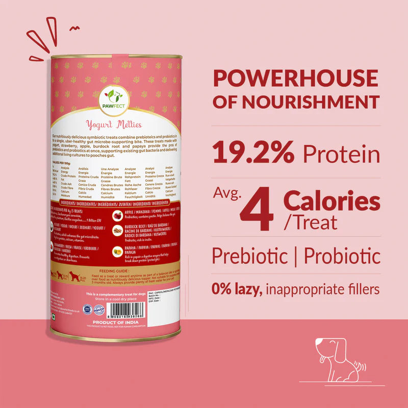 Pawfect Yogurt Melties Pre and Probiotic Dog Treats with Strawberry, Apple, Papaya & Burdock Root 38g