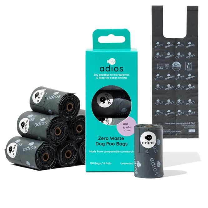 Adios Poo Bags Handles 8 Rolls Grey (120)