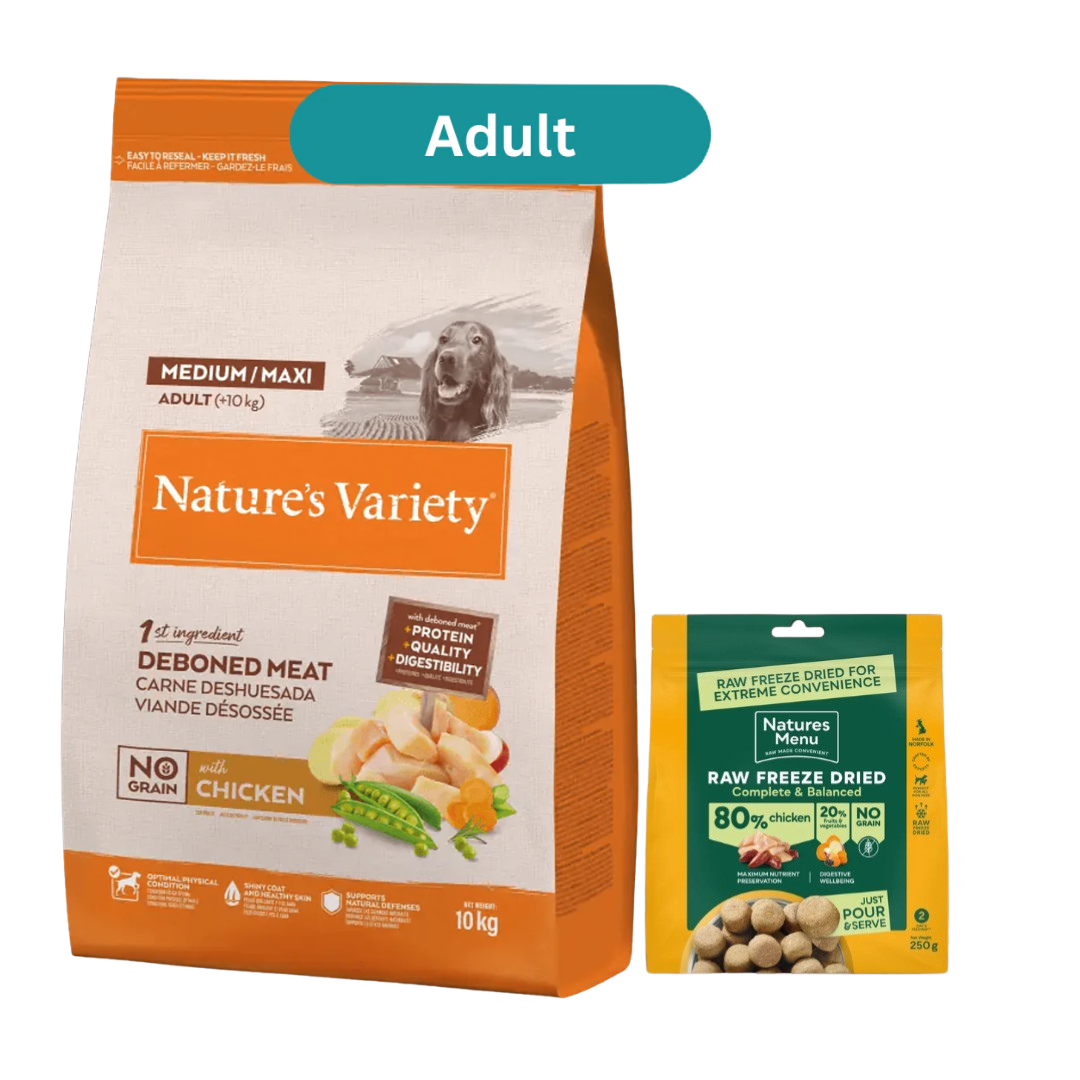 Natures Variety Dog - No Grain Adult Medium/Maxi Chicken 10kg & FREE Natures Menu Freeze Dried Chicken 250g