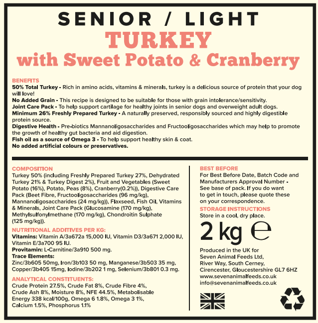 Seven Dog - Senior / Light Turkey with Sweet Potato & Cranberry Grain Free 2kg