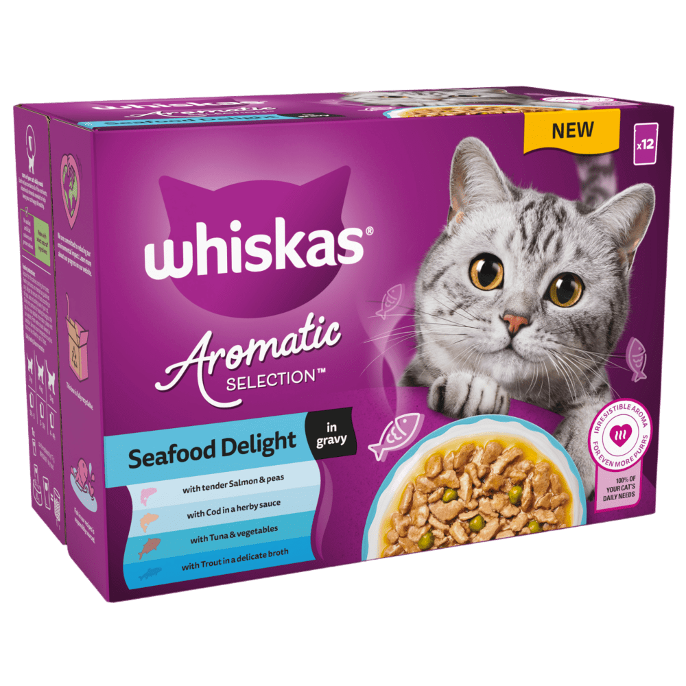 Whiskas 1+ Aromatic Seafood Delight Selection in Gravy Wet Cat Food Pouches 12x85g