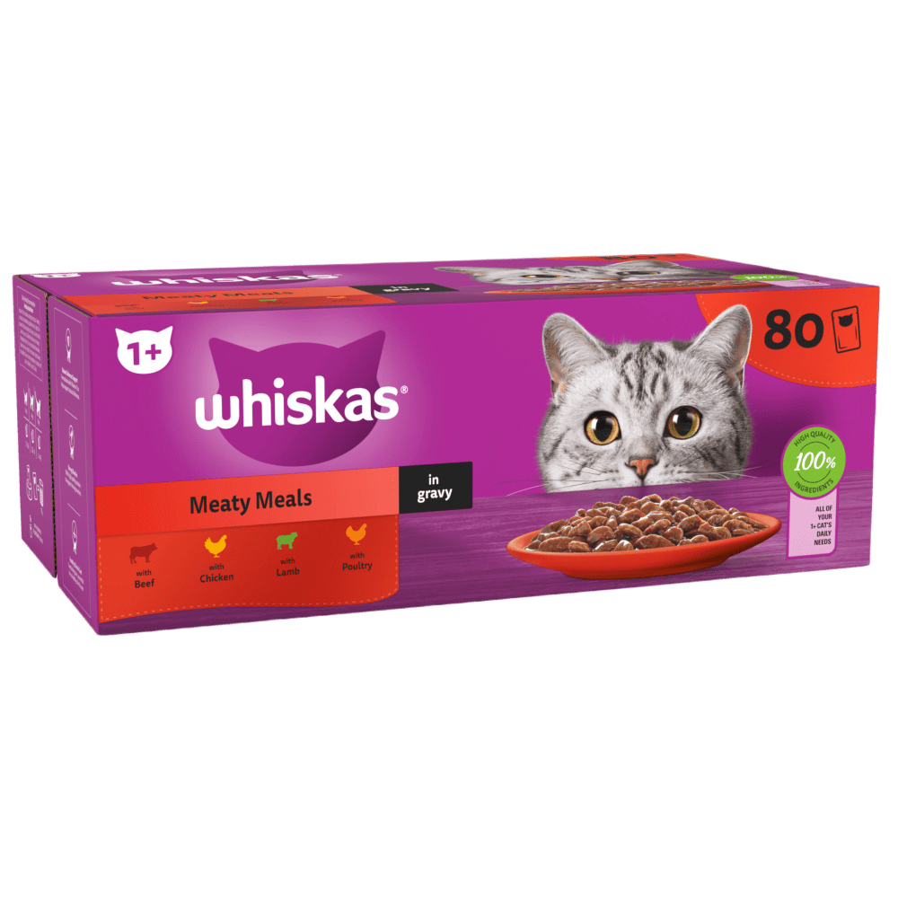 Whiskas 1+ Meaty Meals In Gravy Adult Wet Cat Food Pouches 80x85g