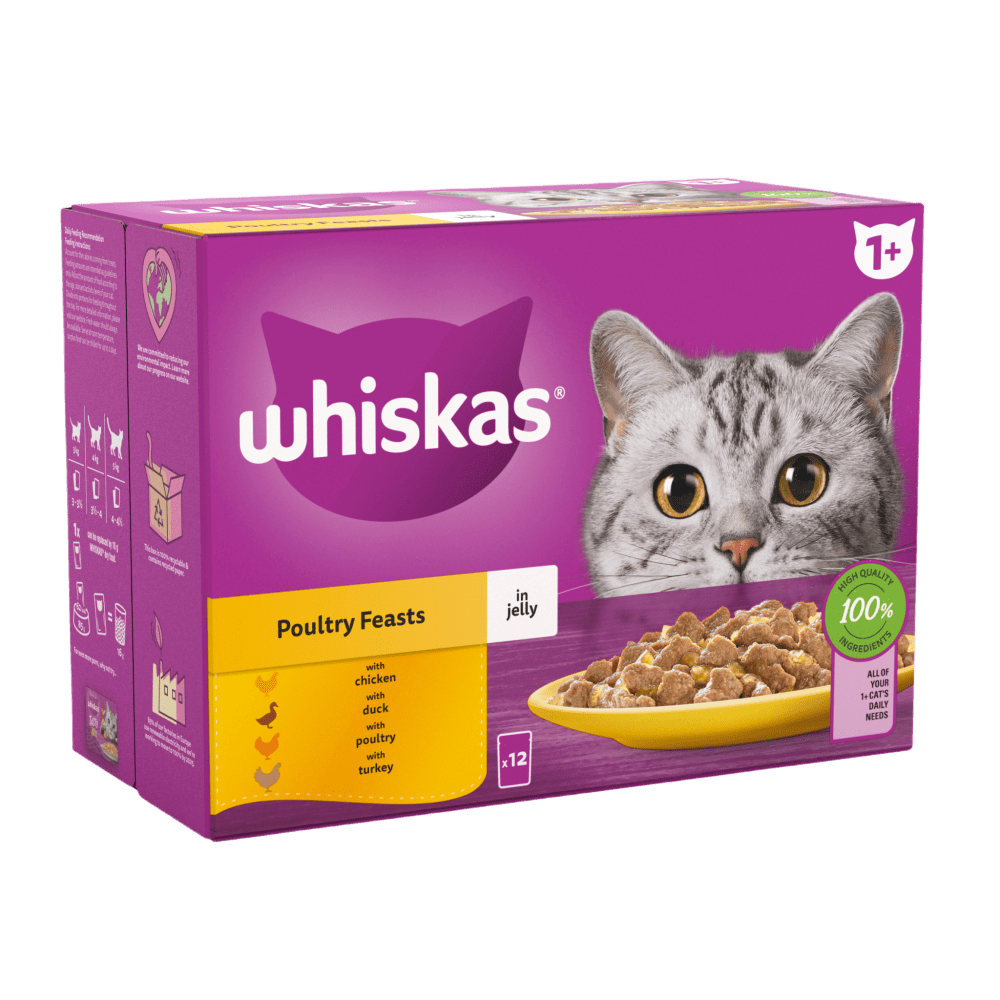 Whiskas 1+ Poultry Feast In Jelly Adult Wet Cat Food Pouches 12x85g