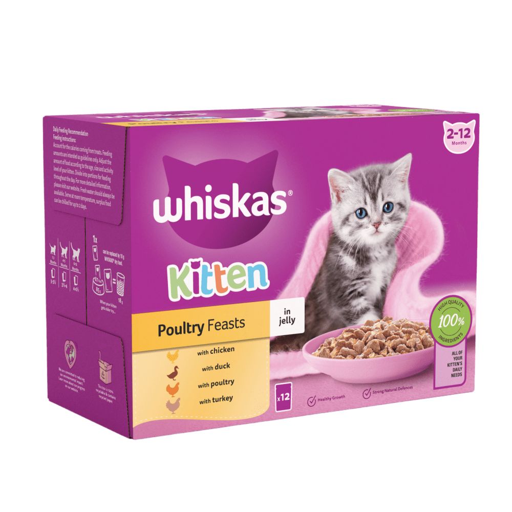 Whiskas 2-12 Months Kitten Poultry Feasts In Jelly Wet Cat Food Pouches 12x85g