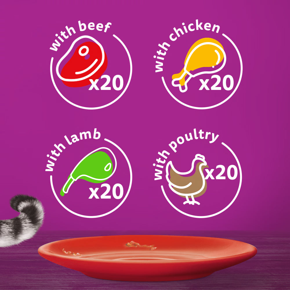 Whiskas 1+ Meaty Meals In Gravy Adult Wet Cat Food Pouches 80x85g