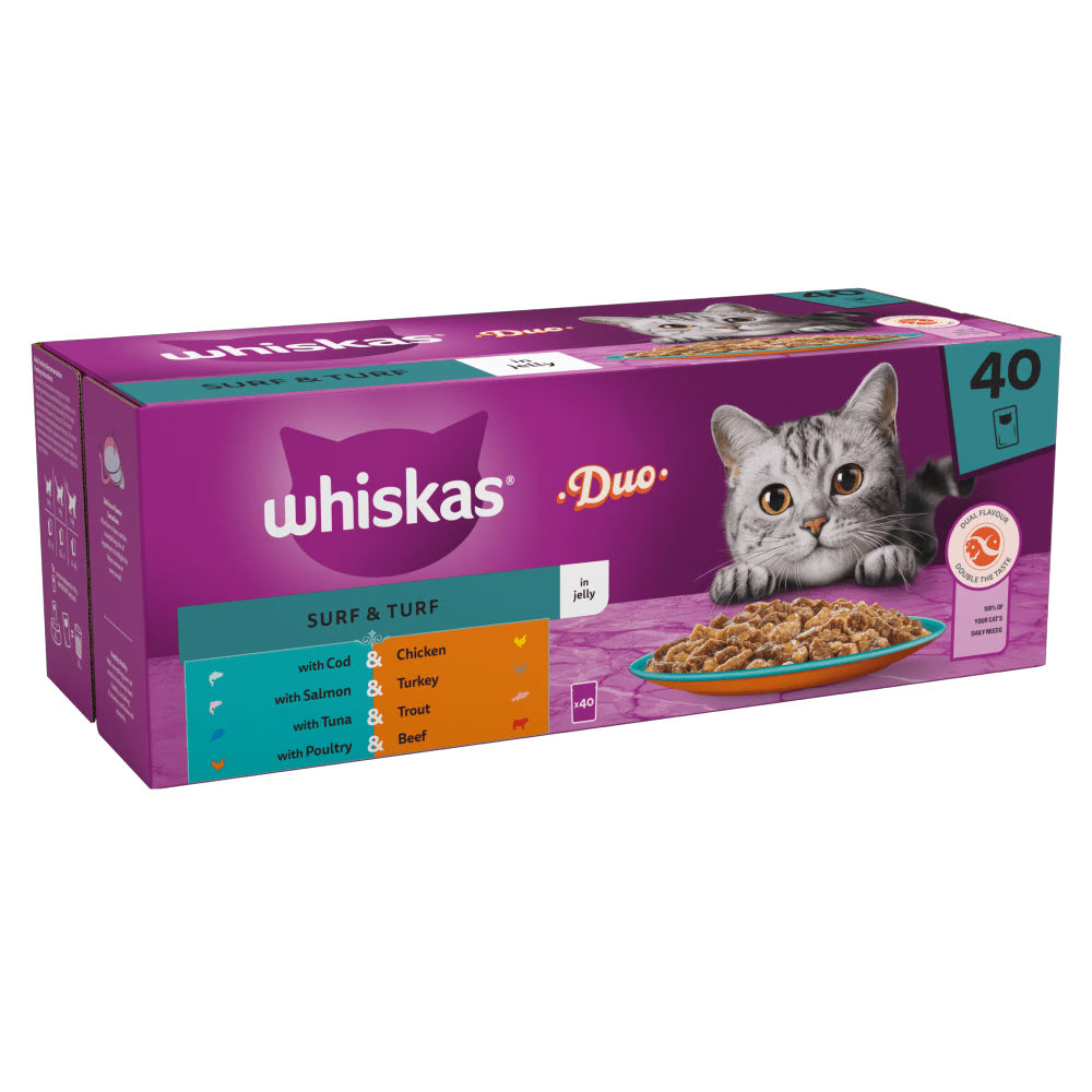 Whiskas 1+ Duo Surf & Turf in Jelly Adult Wet Cat Food Pouches 40x85g