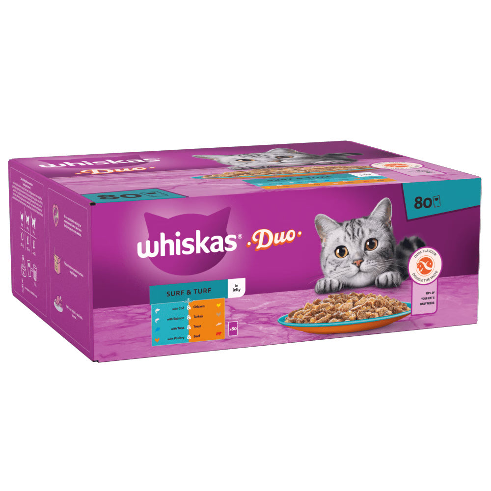 Whiskas 1+ Duo Surf & Turf in Jelly Adult Wet Cat Food Pouches 80x85g