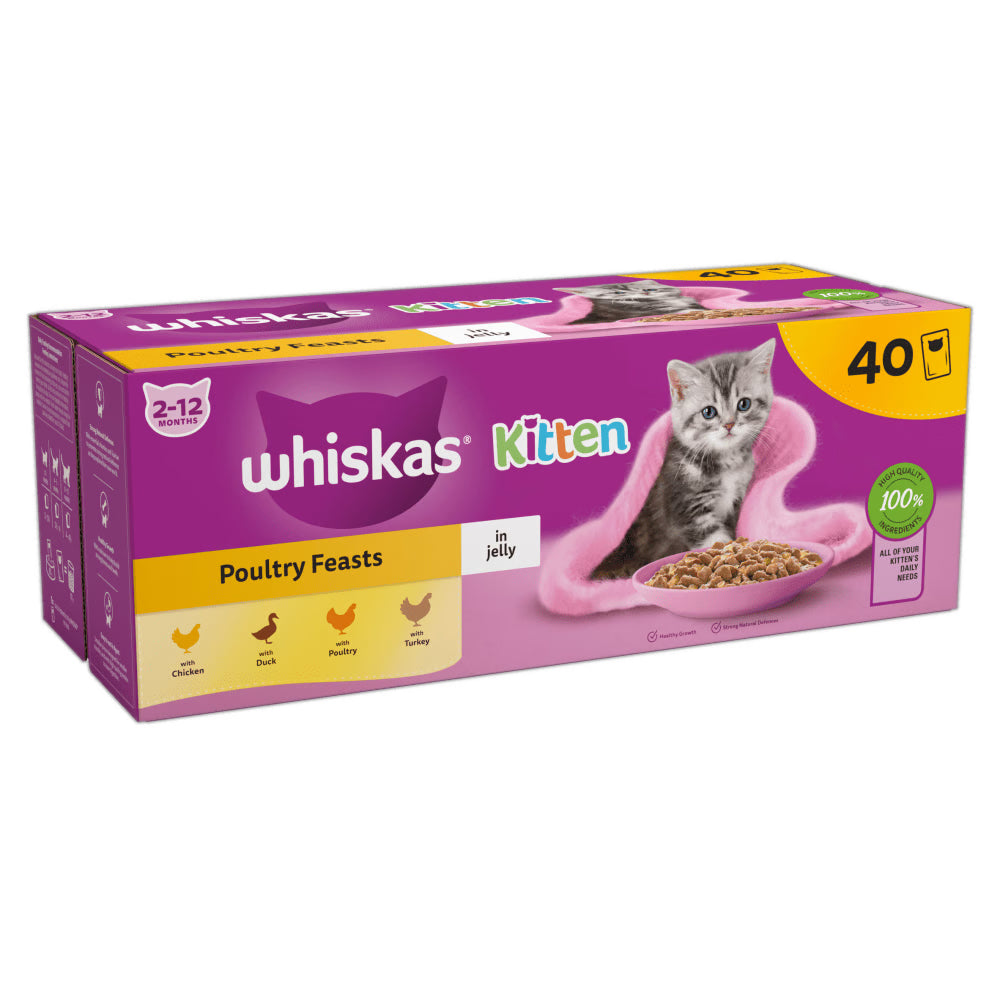 Whiskas 2-12 Months Kitten Poultry Feasts In Jelly Wet Cat Food Pouches 40x85g