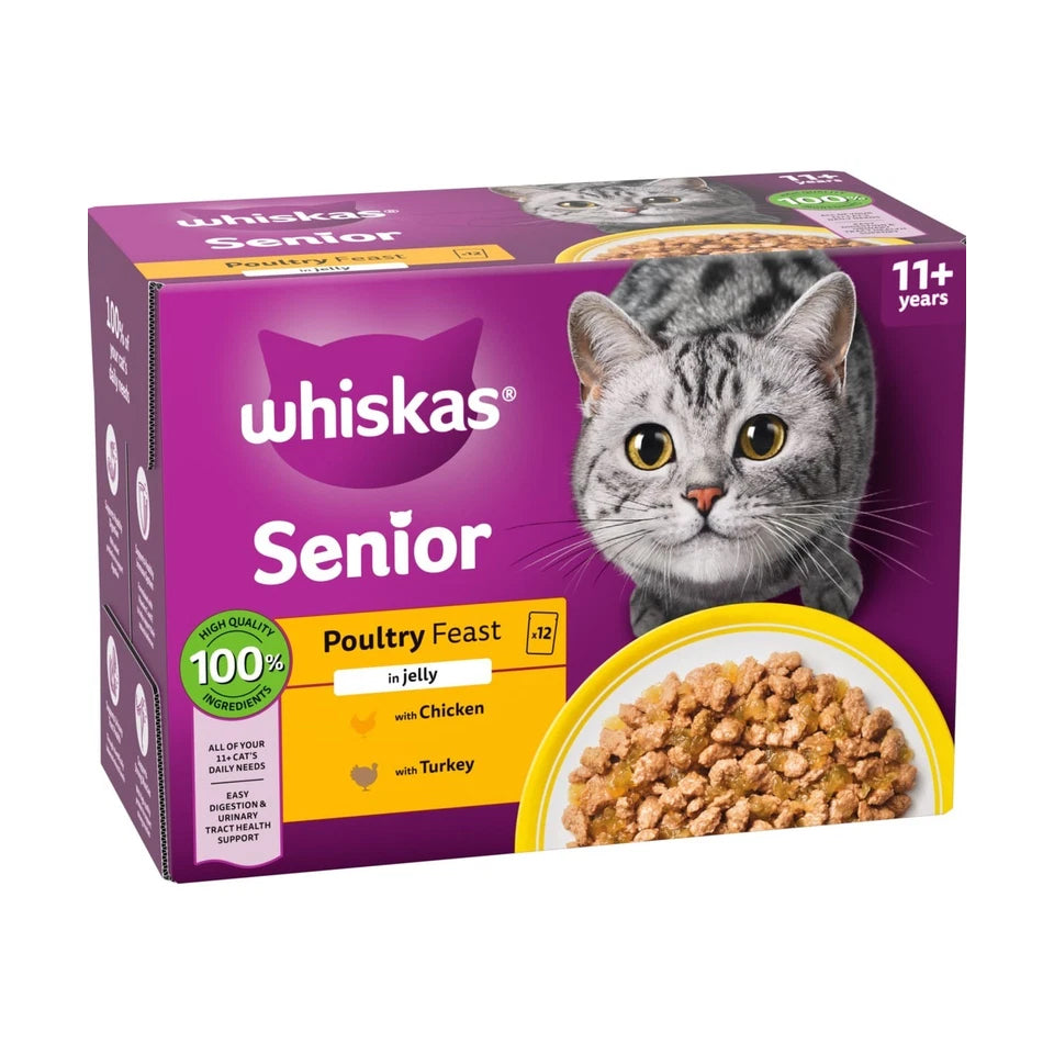 Whiskas 11+ Poultry Feasts in Jelly Senior Wet Cat Food Pouches 12x85g