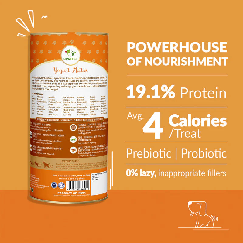 Pawfect Yogurt Melties Pre and Probiotic Dog Treats with Carrot, Flaxseed, Pea & Sweet Potato 38g