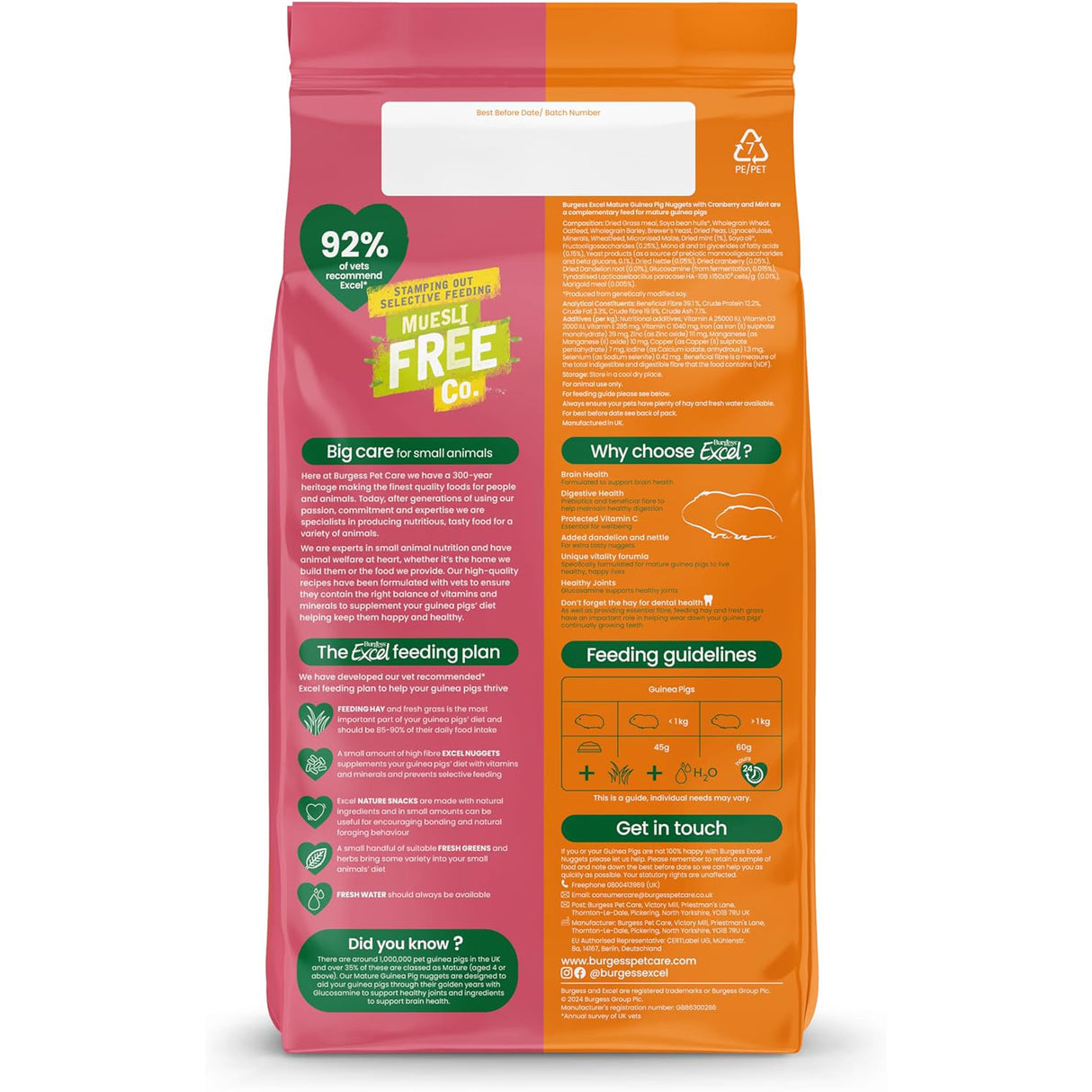Burgess Guinea Pig - Excel Nuggets With Cranberry & Mint Mature 1.5kg