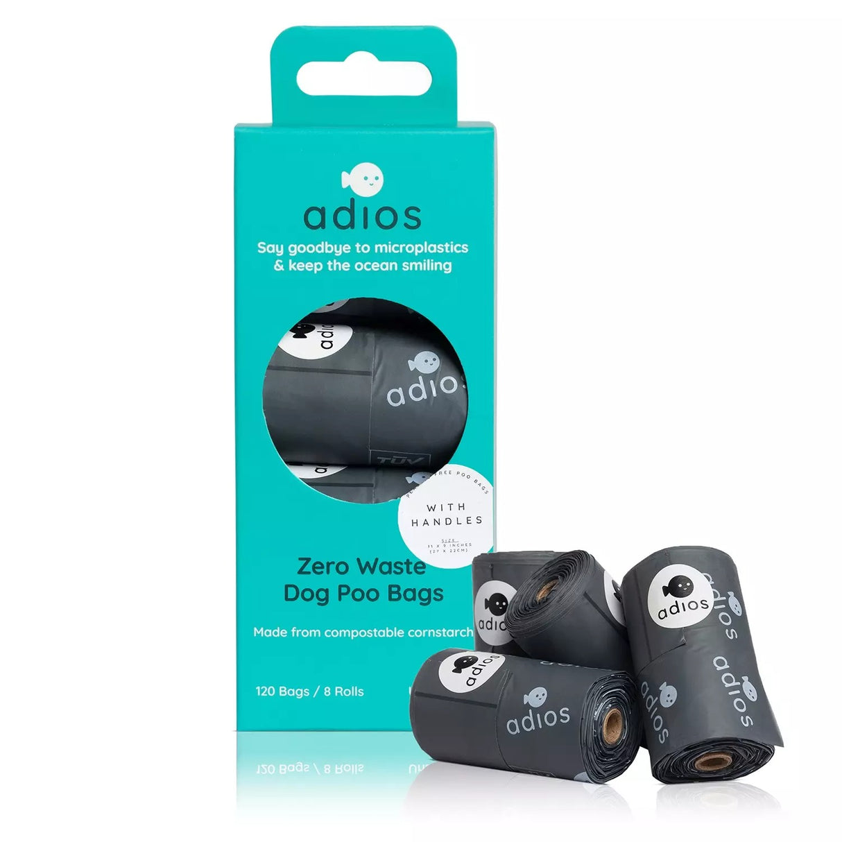 Adios Poo Bags Handles 8 Rolls Grey (120)