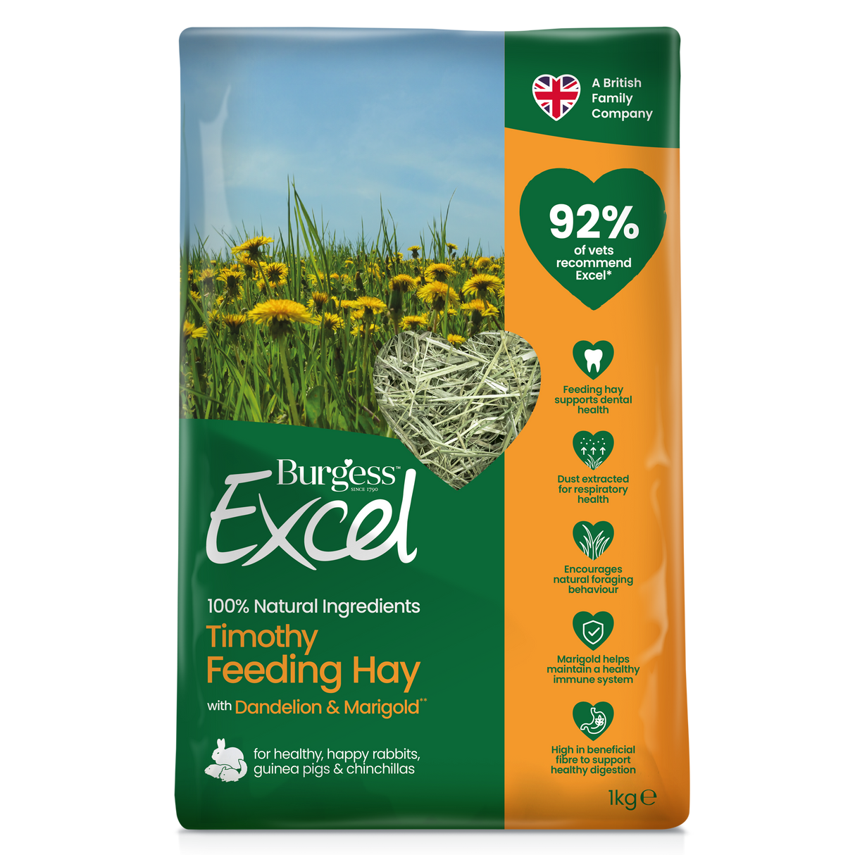 Burgess Rabbit Guinea, Pig & Chinchilla - Excel Feeding Hay with Dandelion & Marigold 1kg