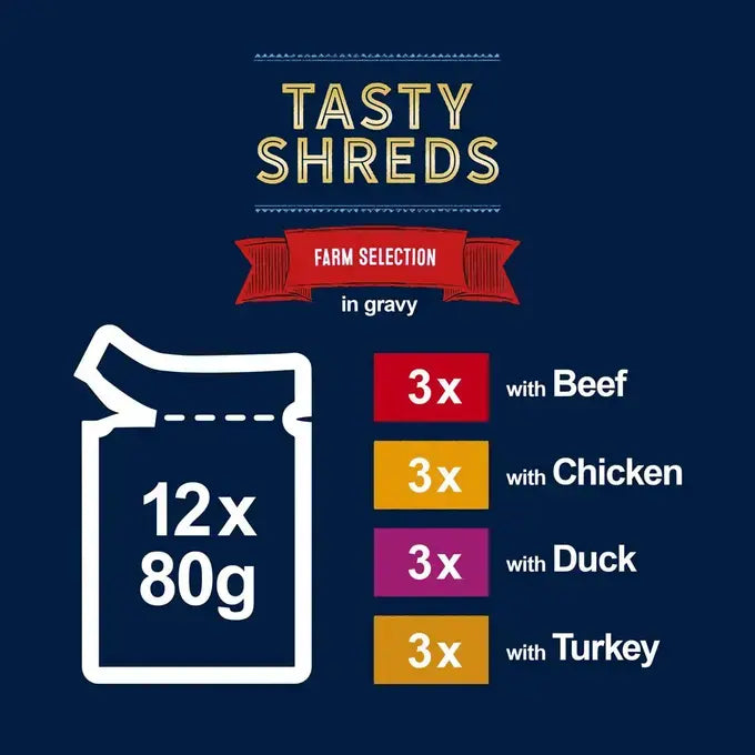 Felix Tasty Shreds Farm Selection in Gravy Wet Cat Food 12x80g