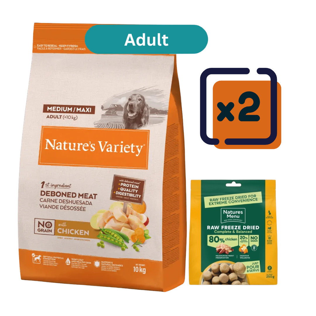 Natures Variety Dog - No Grain Adult Medium/Maxi Chicken 2x10kg & FREE Natures Menu Freeze Dried Chicken 2x250g