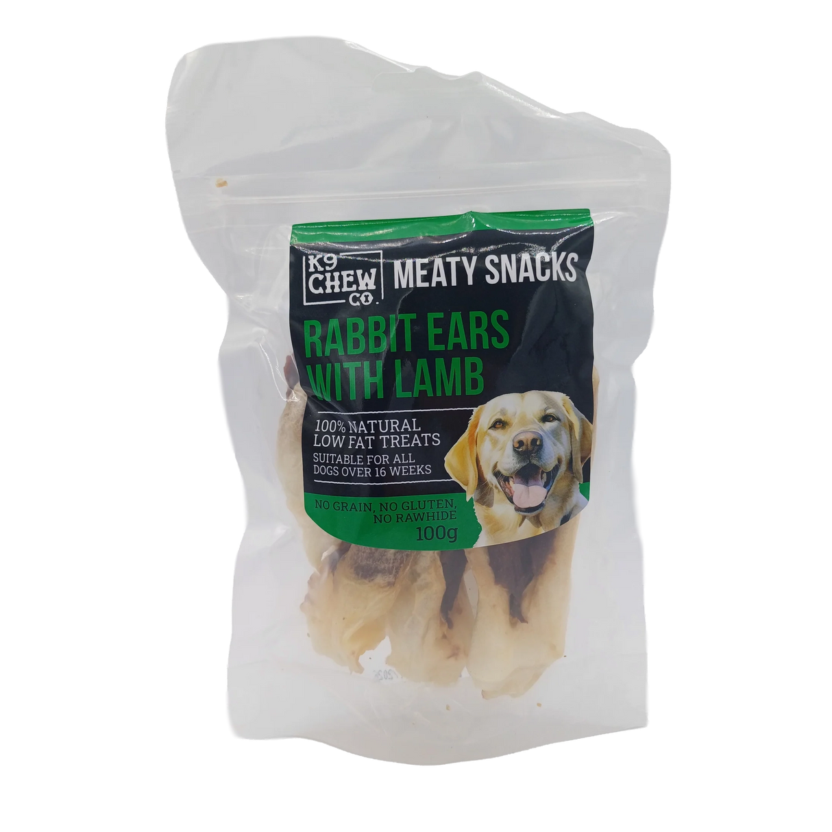 K9 Chew Co Meaty Snacks Rabbit Ears With Lamb 100g