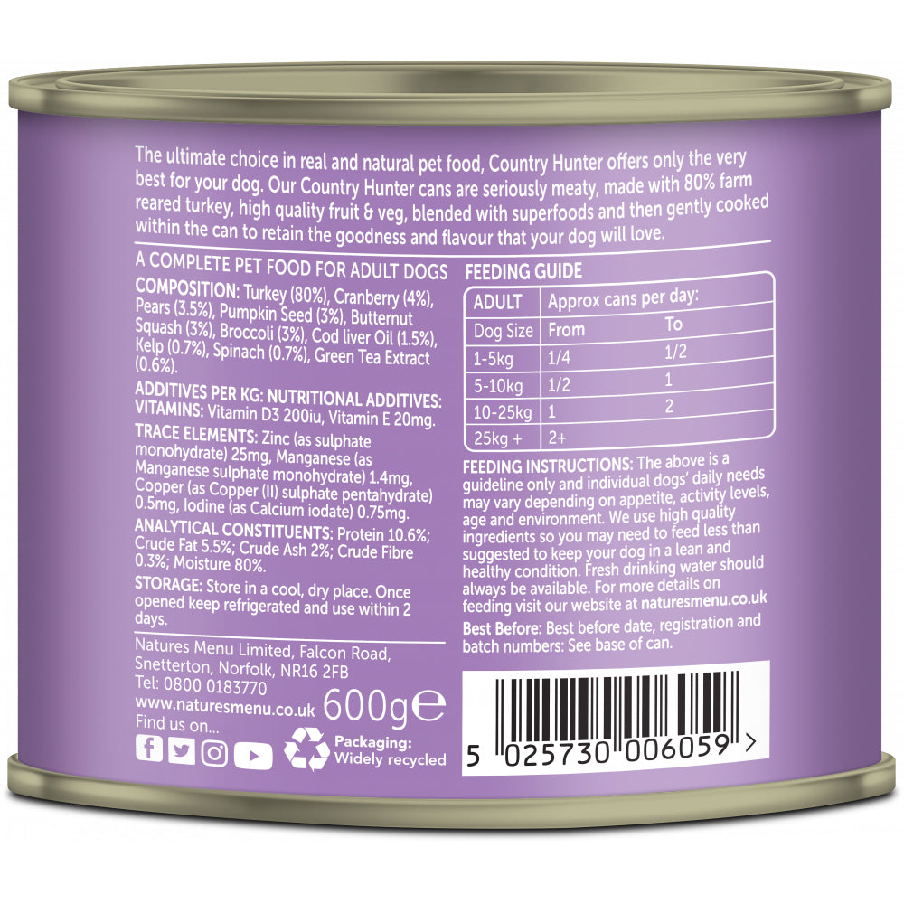 Natures Menu Dog - Country Hunter Cans Turkey with Superfood 6x600g