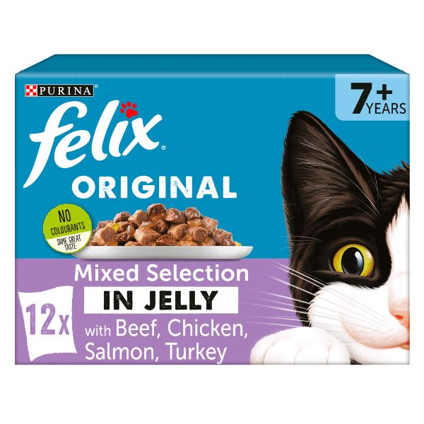 Picture of Felix Original Senior Pouch Box Mixed Selection (Beef, Chicken, Salmon & Turkey) In Jelly 12x100g