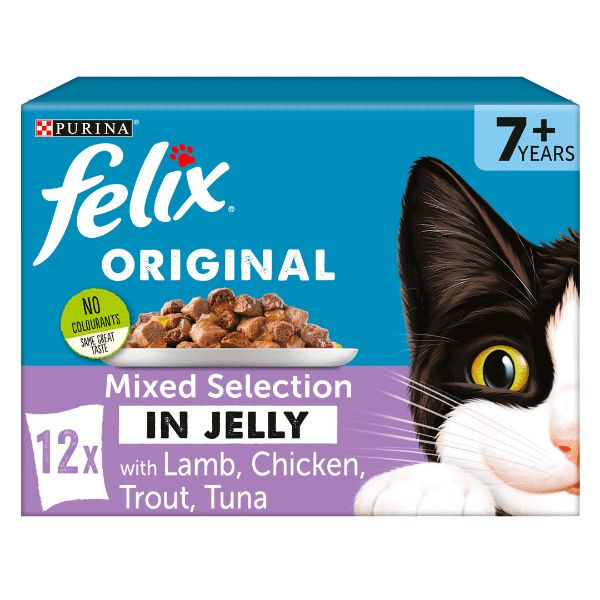 Picture of Felix Original Senior Pouch Box Mixed Selection (Lamb, Chicken, Trout & Tuna) In Jelly 12x100g