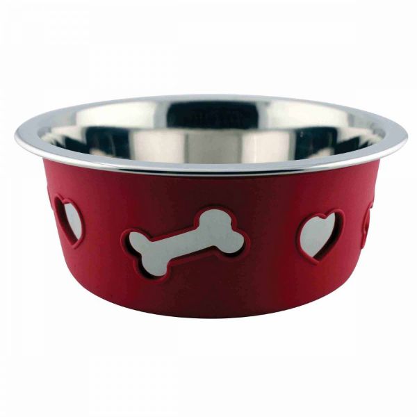 Picture of Weatherbeeta Stainless Steal Silicone Bone Dog Bowl Raspberry 21cm